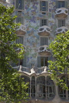 Spain, Catalonia, Barcelona, Exterior of Casa Batllo on Passeig de Gracia, designed by Antoni Gaudi.