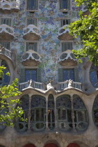 Spain, Catalonia, Barcelona, Exterior of Casa Batllo on Passeig de Gracia, designed by Antoni Gaudi.