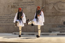 Greece, Attica, Athens, Greek soldiers, Evzones, marching beside Tomb of the Unknown Soldier, outside Parliament building.