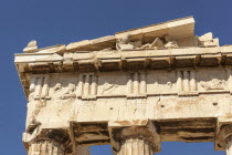 Greece, Attica, Athens, Close up of carved stone pediment of the Parthenon at the Acropolis.