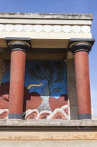 Greece, Crete, Knossos, The north entrance, depicting the charging bull fresco, Knossos Palace.