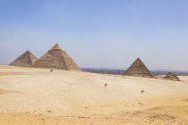 Egypt, Cairo, Giza, Great Pyramid of Giza, Pyramid of Khufu and Cheops, Pyramid of Khafre, Chephren and Pyramid of Menkaure.