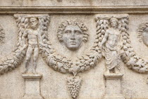 Egypt, Alexandria, Carved stone detail on a sarcophagus at The Catacombs of Kom El Shuqafa.