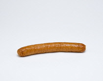 Food, Cooked, Meat, Single fried pork sausage on a white background.