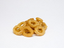 Food, Cooked, Seafood, Fried battered calamari squid rings on a white background.