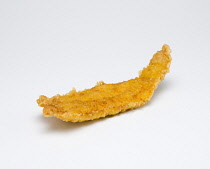 Food, Cooked, Fish, Single fried battered portion of cod on a white background.