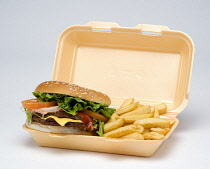 Food, Cooked, Meat, Double cheesburger with salad and tomato ketchup in a bun with potato chips inside a polystyrene foam box on a white background.