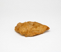 Food, Cooked, Poultry, Single battered chicken breast fillet on a white background.