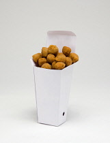 Food, Cooked, Poultry, Chicken popcorn in a cardboard box on a white background.