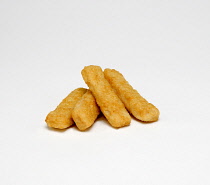 Food, Cooked, Fish, Group of fishfingers on a white background.