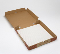 Food, Packaging, Takeaway, Empty open cardboard pizza box on a white background.