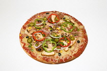 Food, Cooked, Pizza, Whole round hot jalapeno chilli pepper meat feast pizza on a white background.