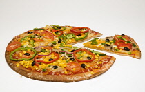 Food, Cooked, Pizza, Whole round vegetarian pizza with a slice cut out on a white background.