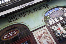 Spain, Catalonia, Barcelona, Art Nouveau influenced facade of the American Soda restaurant on La Rambla in the Old Town district.