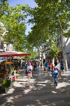 Spain, Catalonia, Barcelona, People walking along the central tree shaded walkway of La Rambla historic avenue past flower stalls in the Old Town district.