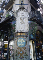 Spain, Catalonia, Barcelona, Art Nouveau tiled facade of the Escriba pastry shop on La Rambla in the Old Town district.