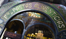 Spain, Catalonia, Barcelona, Art Nouveau tiled facade of the Escriba pastry shop on La Rambla in the Old Town district.