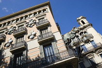 Spain, Catalonia, Barcelona, A Modernista dragon on a former umbrella shop in the Placa de la Boqueria square on La Rambla in the Gothic Quarter.