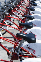 Spain, Catalonia, Barcelona, Red and white Bicing public hire bicycles in the Parc de la Ciutadelala in the Old Town district.