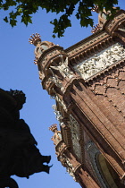 Spain, Catalonia, Barcelona, Detail of the Arc del Triomf built for the 1888 Universal Exhibition designed by Josep Vilaseca in the Mudejar Spanish Moorish style as the main gateway into the Parc de l...