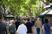 Spain, Catalonia, Barcelona, People walking along the central tree shaded walkway of La Rambla historic avenue past stalls in the Old Town district.