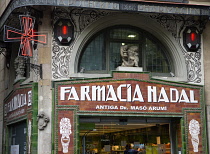 Spain, Catalonia, Barcelona, The Art Nouveau Farmacia Nadal pharmacy on La Rambla in the Old Town District.