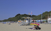 England, Dorset, Bournemouth, Lifeguard Station on the beach.