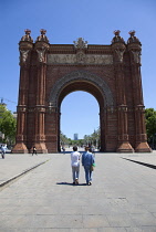 Spain, Catalonia, Barcelona, Arc del Triomf built for the 1888 Universal Exhibition designed by Josep Vilaseca i Casanoves in the Mudejar Spanish Moorish style as the main gateway into the Parc de la...