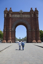 Spain, Catalonia, Barcelona, Arc del Triomf built for the 1888 Universal Exhibition designed by Josep Vilaseca i Casanoves in the Mudejar Spanish Moorish style as the main gateway into the Parc de la...