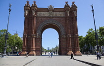 Spain, Catalonia, Barcelona, Arc del Triomf built for the 1888 Universal Exhibition designed by Josep Vilaseca i Casanoves in the Mudejar Spanish Moorish style as the main gateway into the Parc de la...