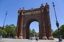 Spain, Catalonia, Barcelona, Arc del Triomf built for the 1888 Universal Exhibition designed by Josep Vilaseca i Casanoves in the Mudejar Spanish Moorish style as the main gateway into the Parc de la...