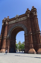 Spain, Catalonia, Barcelona, Arc del Triomf built for the 1888 Universal Exhibition designed by Josep Vilaseca i Casanoves in the Mudejar Spanish Moorish style as the main gateway into the Parc de la...