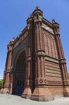 Spain, Catalonia, Barcelona, Arc del Triomf built for the 1888 Universal Exhibition designed by Josep Vilaseca i Casanoves in the Mudejar Spanish Moorish style as the main gateway into the Parc de la...