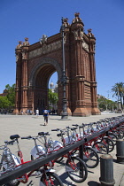 Spain, Catalonia, Barcelona, Arc del Triomf built for the 1888 Universal Exhibition designed by Josep Vilaseca i Casanoves in the Mudejar Spanish Moorish style as the main gateway into the Parc de la...