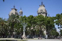 Spain, Catalonia, Barcelona, Parc de la Ciutadella with the roof of Palau de Justica visible.