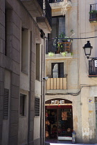 Spain, Catalonia, Barcelona, Leasther goods store in the narrow streets La Ribera district.