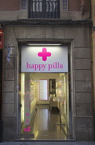 Spain, Catalonia, Barcelona, Happy Pills sweet shop in La Ribera district. **Editorial Use Only**