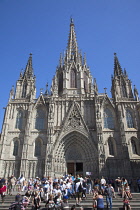 Spain, Catalonia, Barcelona, tourists outside the Cathedral of the Holy Cross and Saint Eulalia.