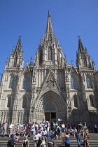 Spain, Catalonia, Barcelona, tourists outside the Cathedral of the Holy Cross and Saint Eulalia.