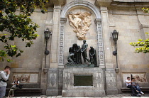 Spain, Catalonia, Barcelona, Bronze Monument to The Heroes of 1809 by Josep Limona in Carrer del Bisbe commemorating the failed revolt against the occupation by France. The alabaster relief above comm...