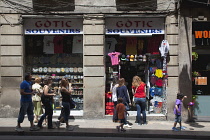 Spain, Catalonia, Barcelona, Souvenir shop in the narrow streets of the Gothic Quarter.