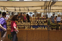 Spain, Catalonia, Barcelona, Art and farmers market in Placa del Pi next to Santa Maria del Pi church.