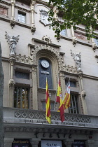 Spain, Catalonia, Barcelona, The theatre Reial Academia de Ciencies i Arts with the city's first official public clock on La Rambla.