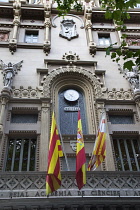 Spain, Catalonia, Barcelona, The theatre Reial Academia de Ciencies i Arts with the city's first official public clock on La Rambla.