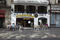 Spain, Catalonia, Barcelona, Cerderceria cafe on La Rambla with board advertising English Breakfast for tourists.