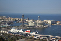 Spain, Catalonia, Barcelona, View over the commercial port from the hilltop Parc du Montjuic.