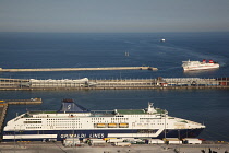 Spain, Catalonia, Barcelona, View over the commercial port from the hilltop Parc du Montjuic.