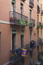 Spain, Catalonia, Barcelona, Detail of building in the narrow streets of El Raval district.