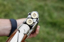 Sport, Shooting, Clay pigeon, close up of shotgun barrels with cartirdges.