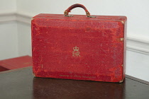 England, London, Treasury Office red document box as used by the Chancellor of the Exchequer on budget day.